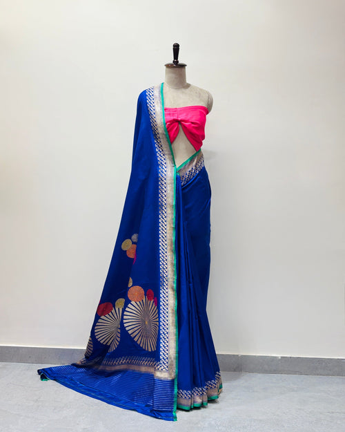 Indigo blue Banarasi soft Katan silk saree