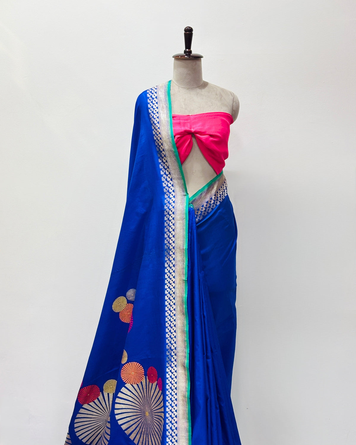 Indigo blue Katan silk saree pallu detail