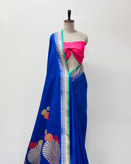 Indigo blue Katan silk saree pallu detail