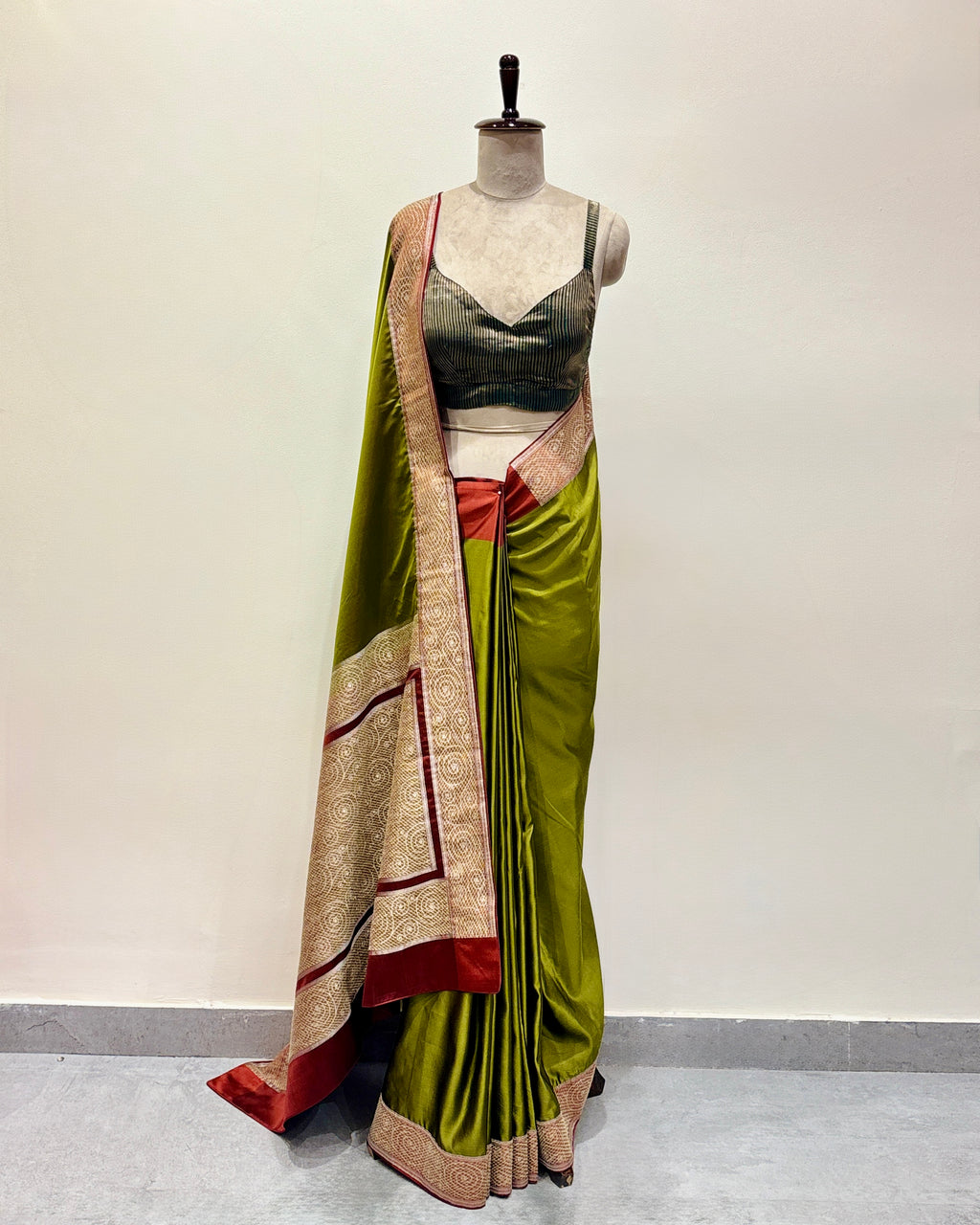 A buttery-soft and rare moss olive satin silk sari