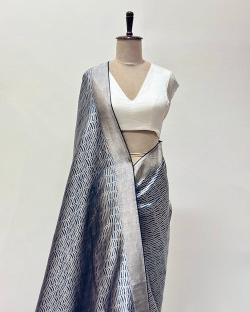 Deep blue contemporary soft Katan silk saree detail