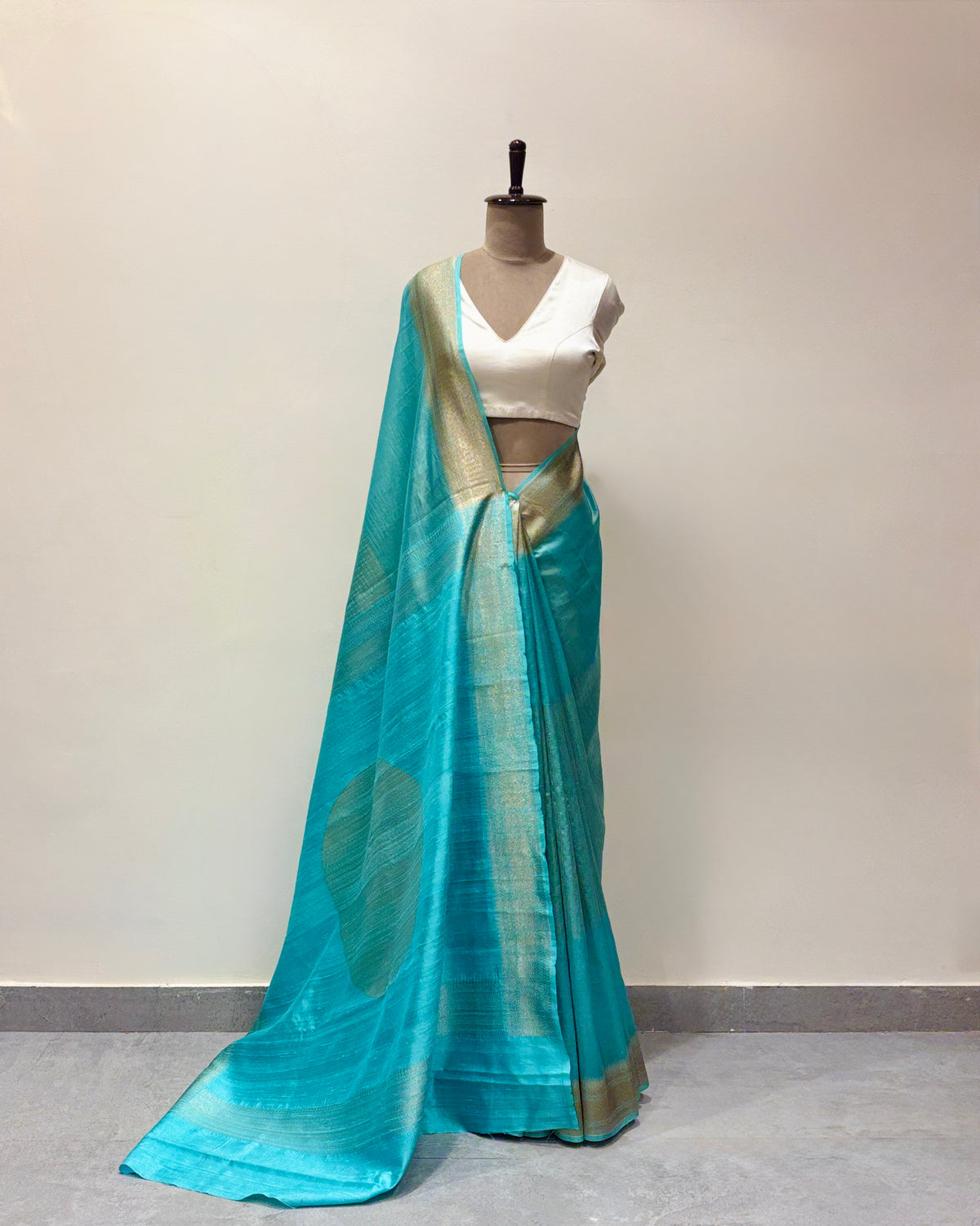 Handwoven tissue & Summer Turquoise Blue Dupon Silk Contemporary saree