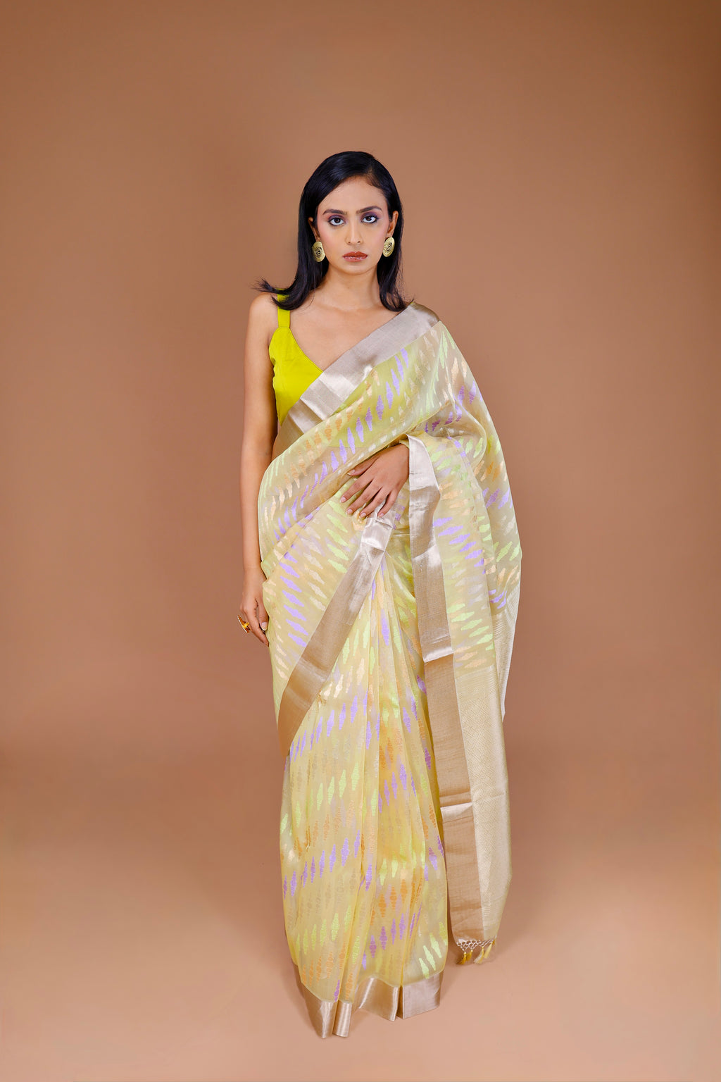 Banarasi Light Yellow Handwoven Kadwa Weave Organza Sari