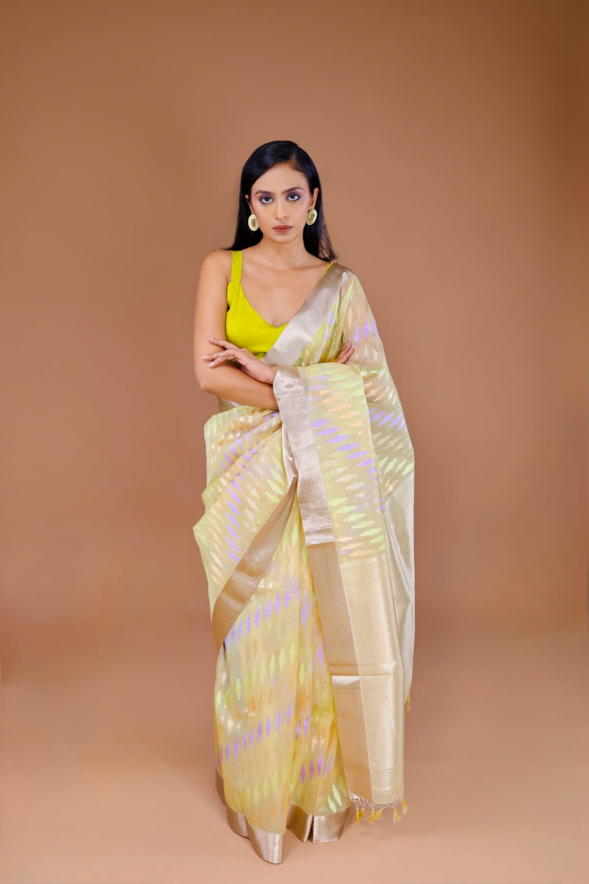 Banarasi Light Yellow Handwoven Kadwa Weave Organza Sari