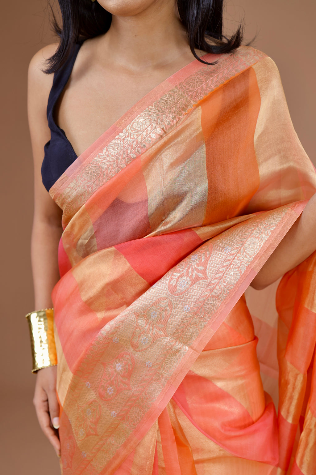 Pre-order Banarasi Peach Handwoven Organza Sari With Stripes