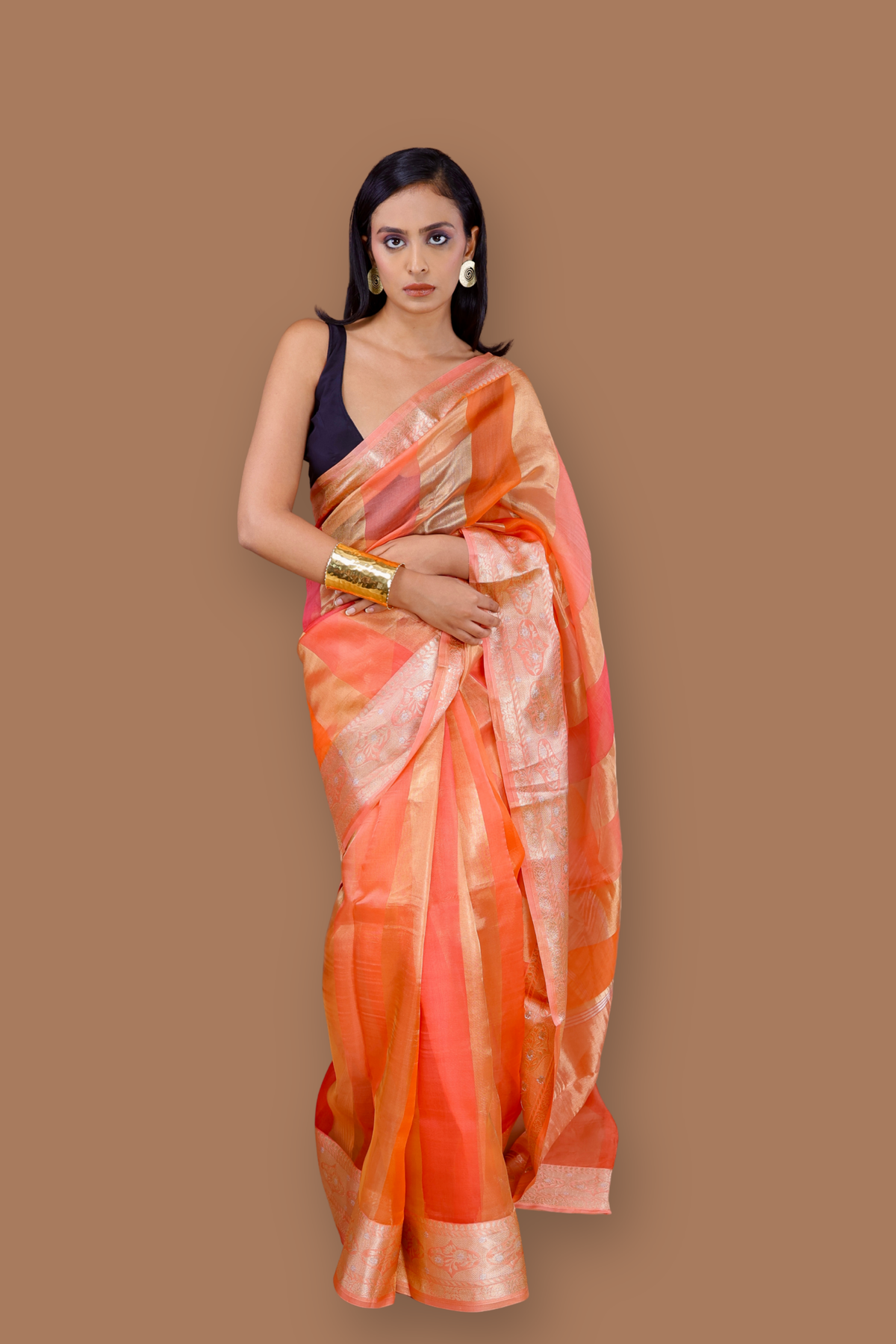 Pre-order Banarasi Peach Handwoven Organza Sari With Stripes