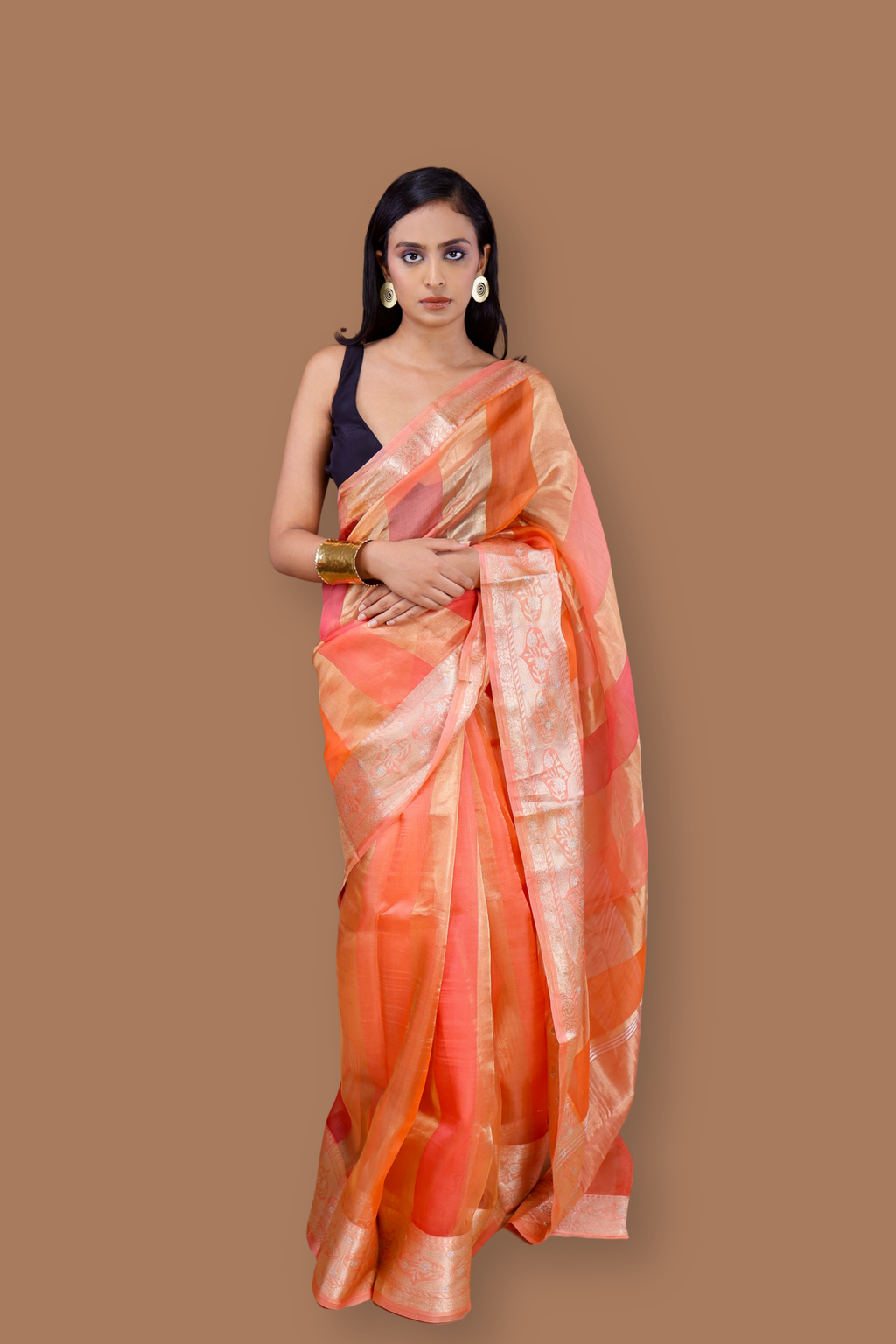 Pre-order Banarasi Peach Handwoven Organza Sari With Stripes