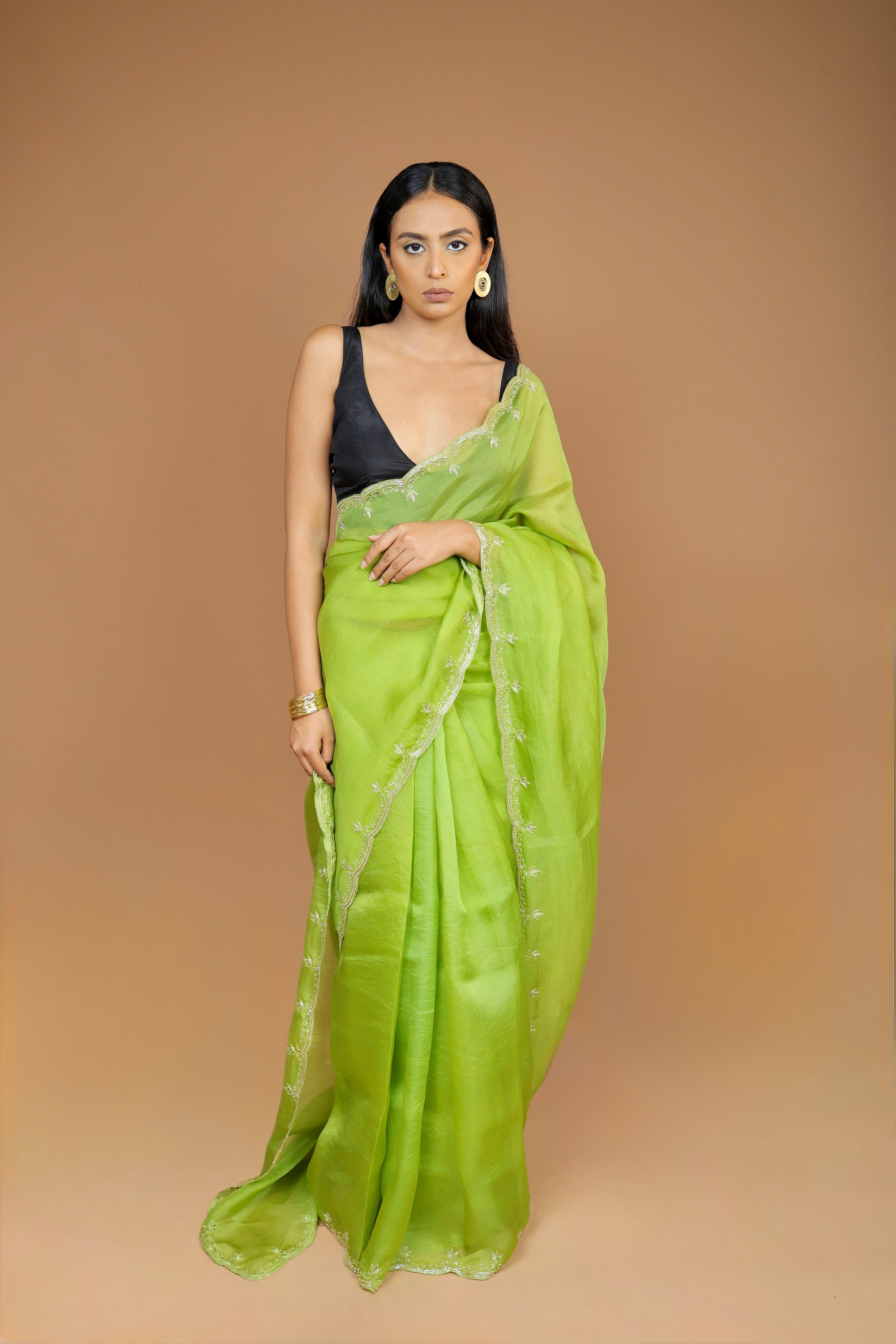 Handwoven Moss Green Organza Sari with Hand Embroidery