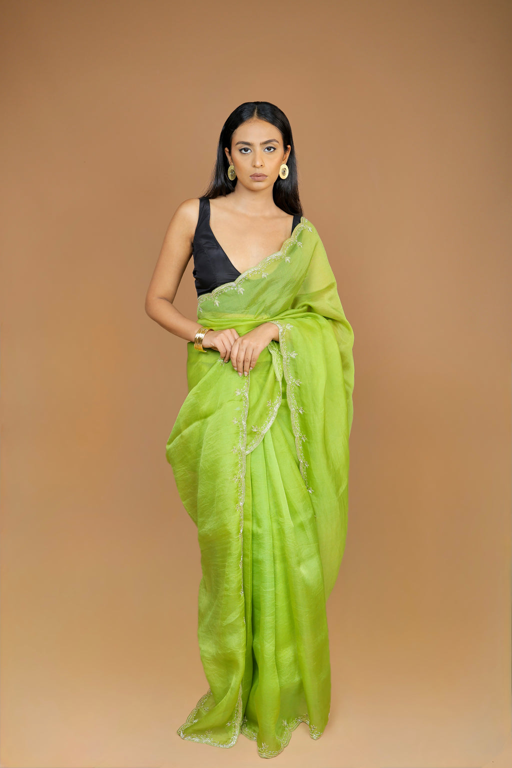 Handwoven Moss Green Organza Sari with Hand Embroidery