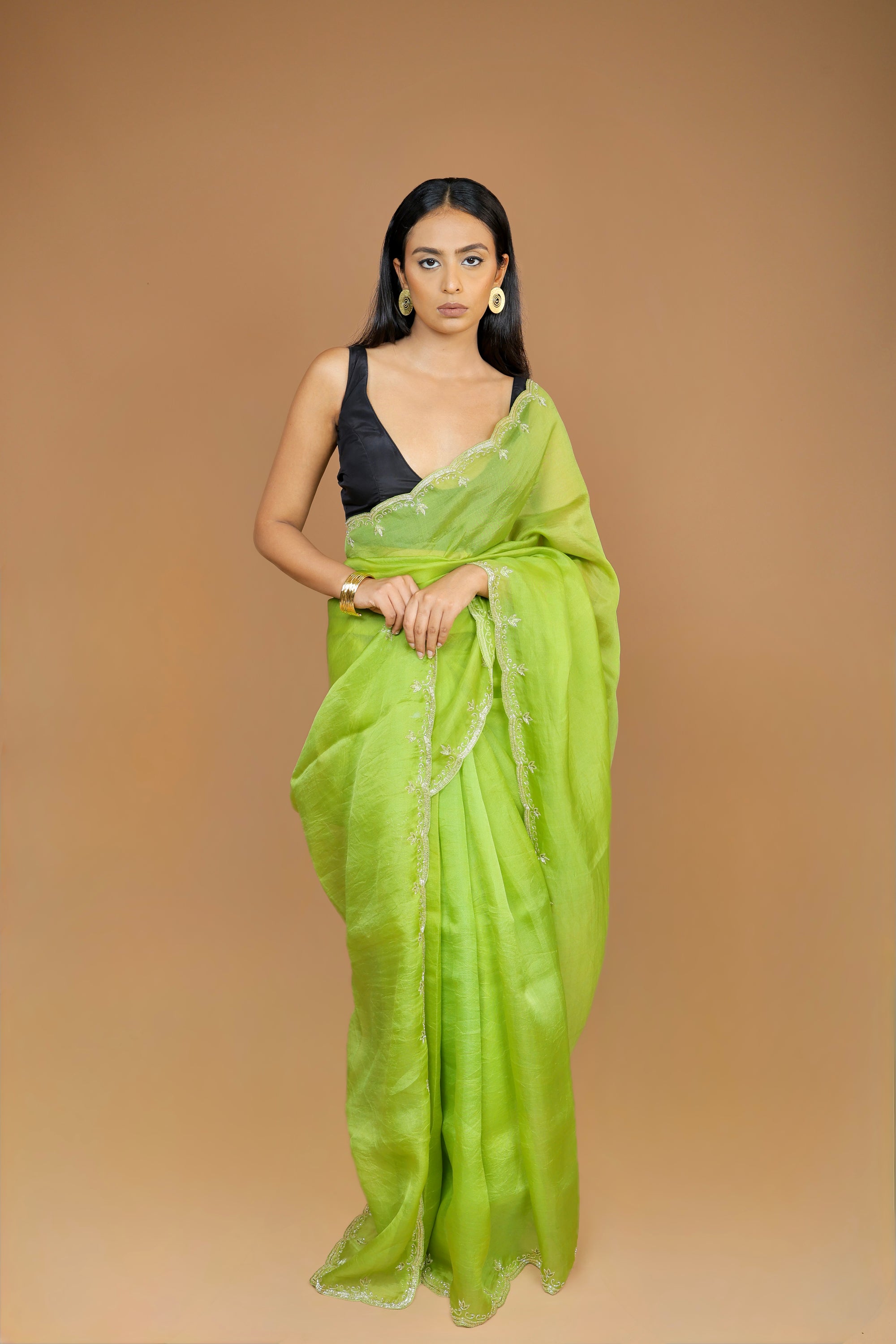 Handwoven Moss Green Organza Sari with Hand Embroidery