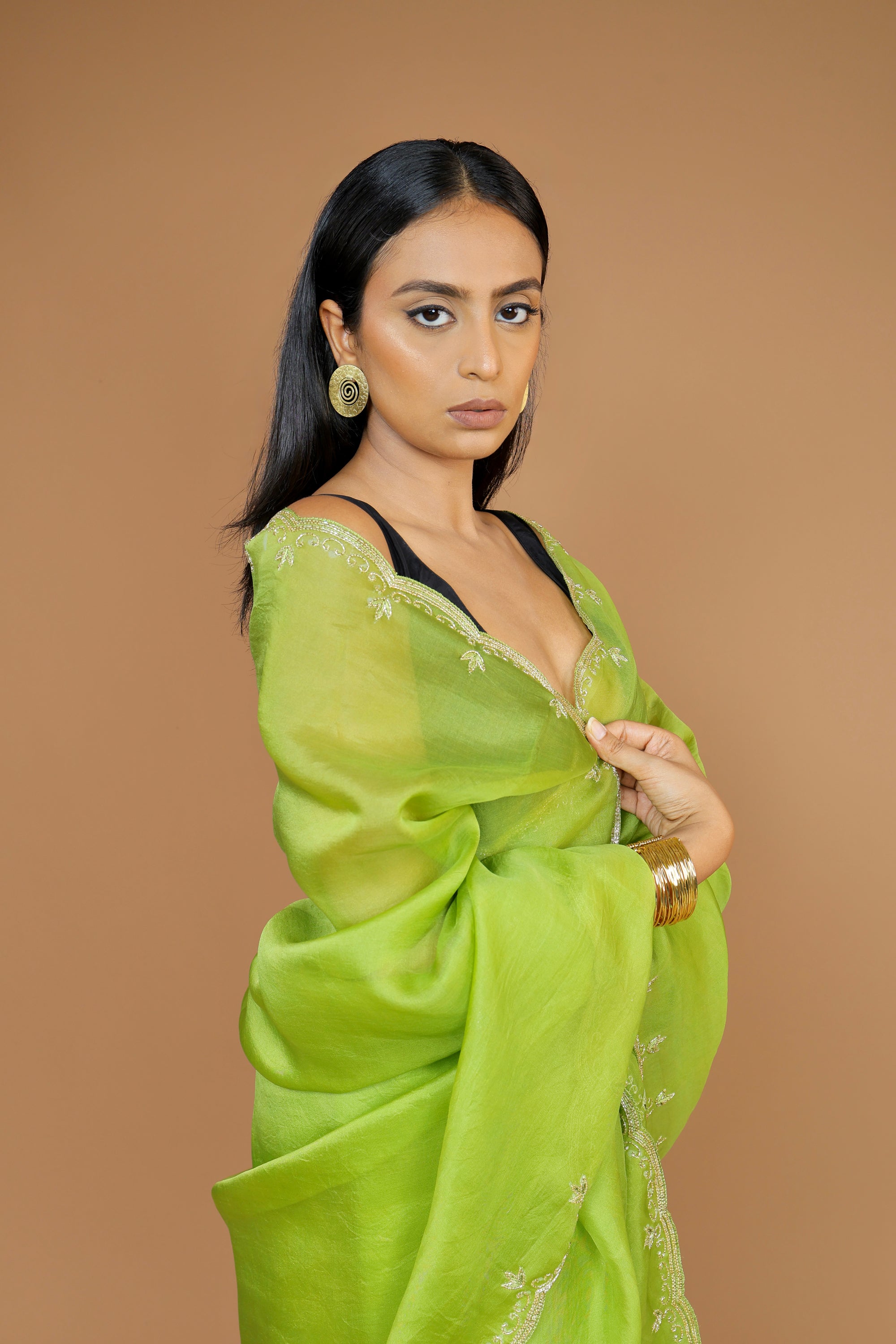 Handwoven Moss Green Organza Sari with Hand Embroidery