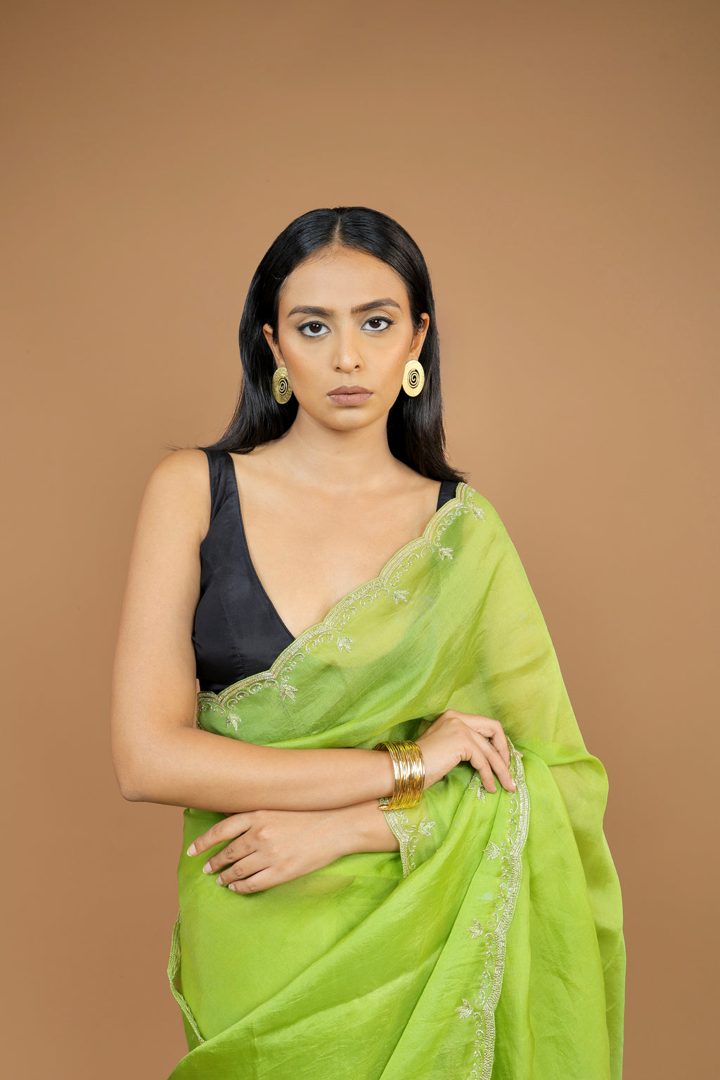 Handwoven Moss Green Organza Sari with Hand Embroidery