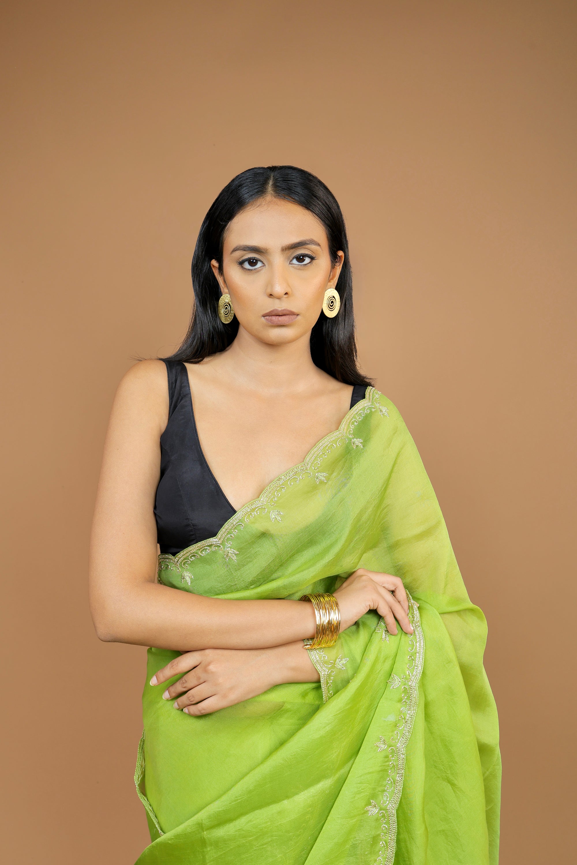 Handwoven Moss Green Organza Sari with Hand Embroidery