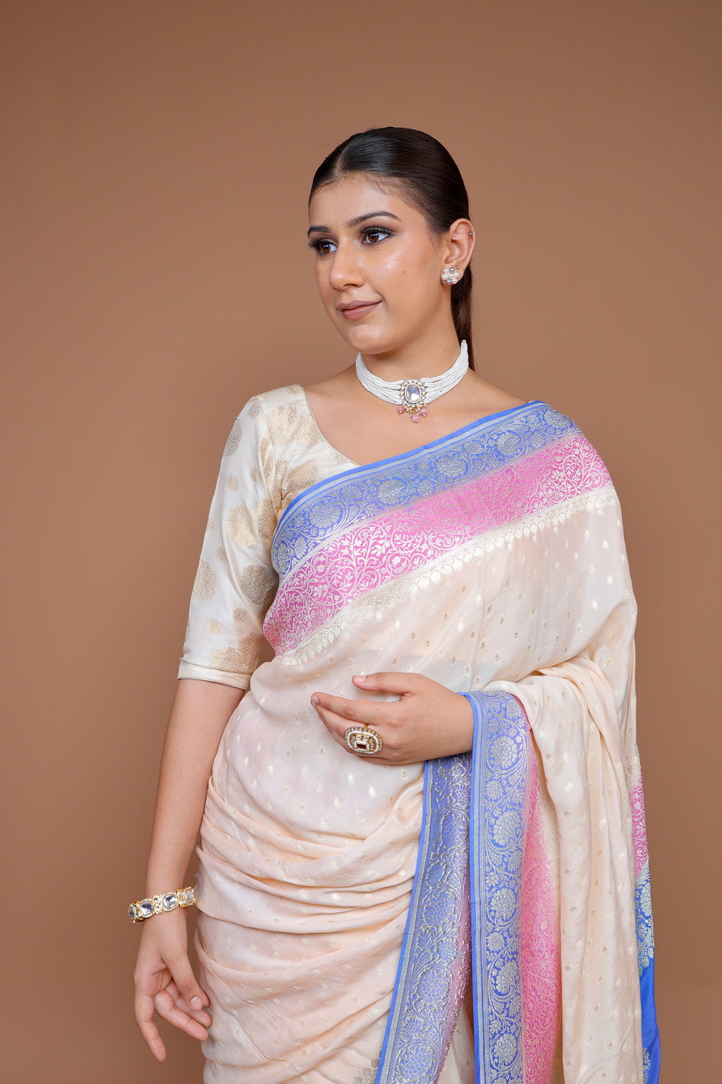 Banarasi Ivory Handwoven Crepe Georgette Sari with Contrast Border