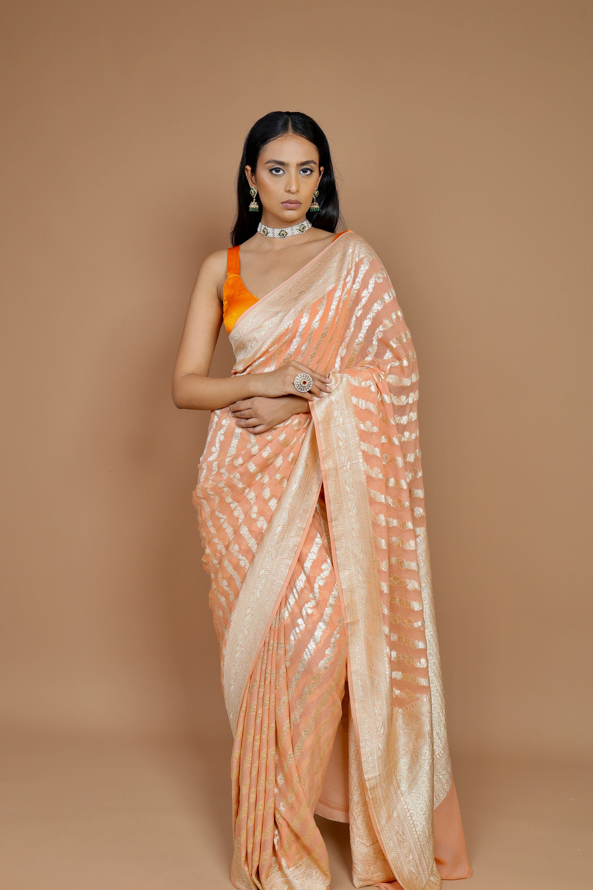 Pre-order Banarasi Peach Handwoven Khaddi Georgette Sari