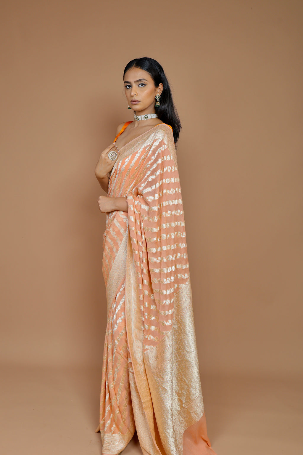 Pre-order Banarasi Peach Handwoven Khaddi Georgette Sari