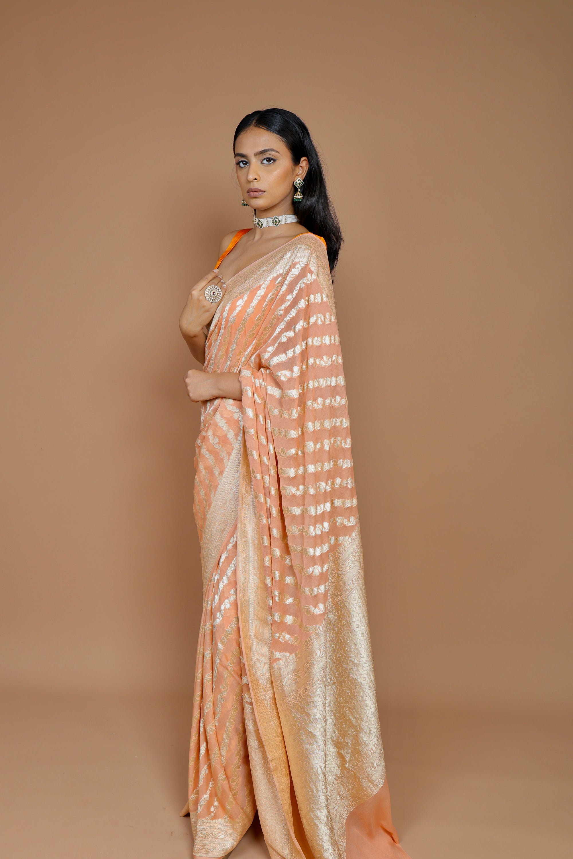 Pre-order Banarasi Peach Handwoven Khaddi Georgette Sari