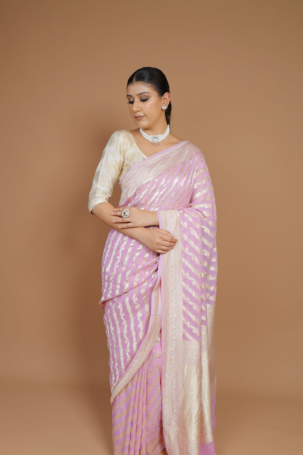 Per-order Banarasi Pink Handwoven Khaddi Georgette Sari