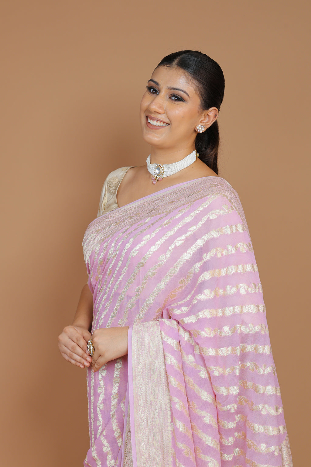 Per-order Banarasi Pink Handwoven Khaddi Georgette Sari