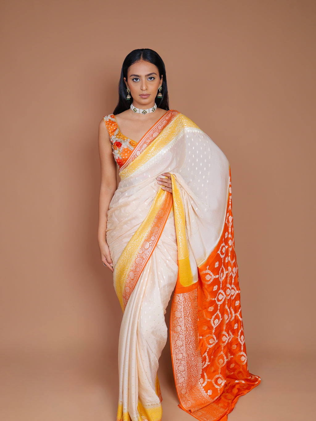 Banarasi Beige Handwoven Crepe Georgette Sari With Contrast Border