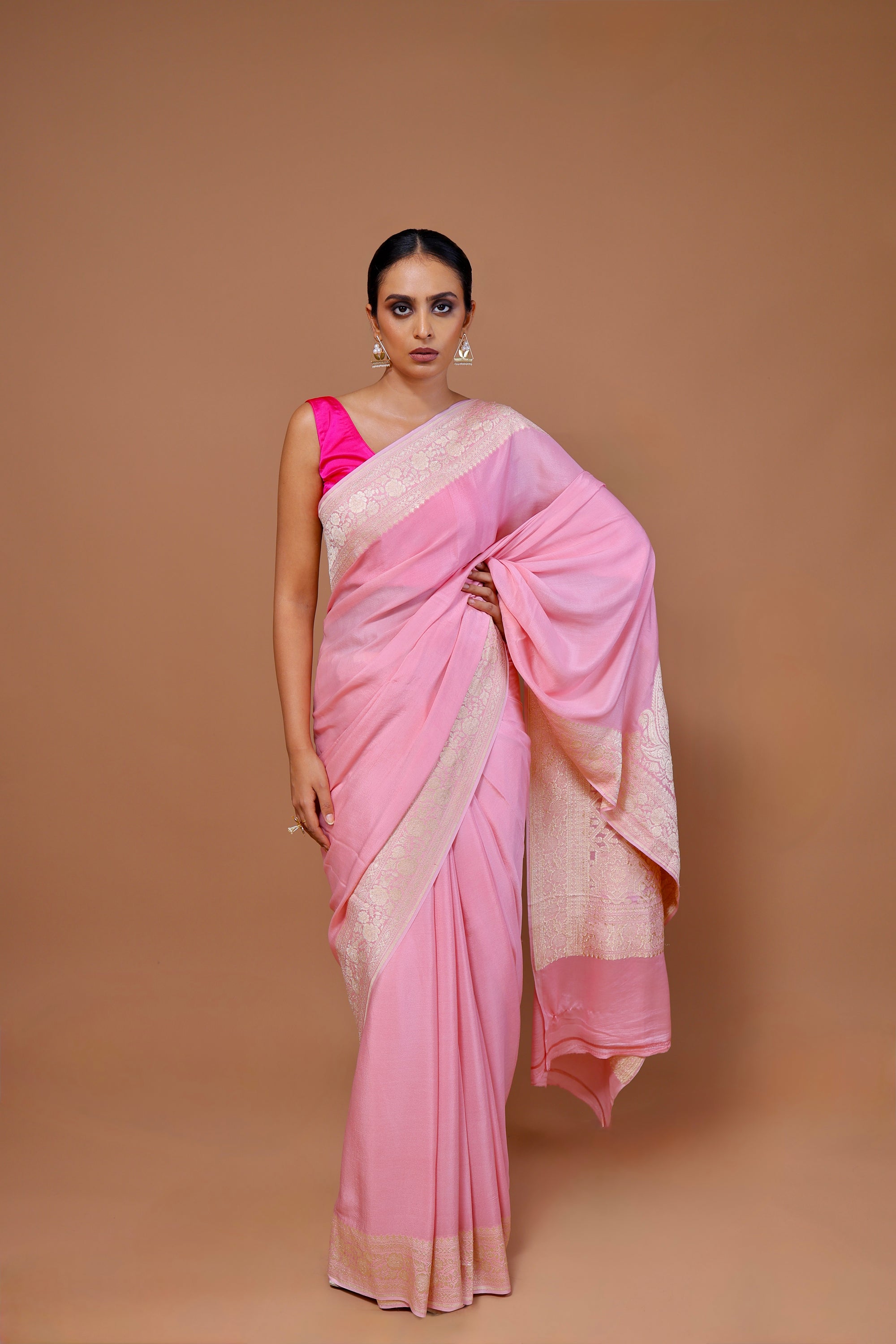 Pre-order Banarasi Powder Pink Handwoven Crepe Georgette Sari