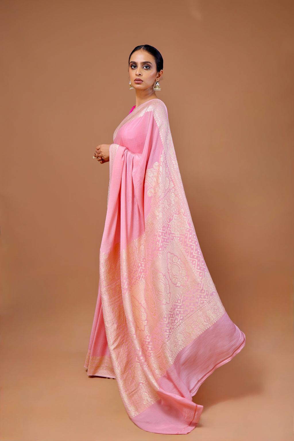 Pre-order Banarasi Powder Pink Handwoven Crepe Georgette Sari
