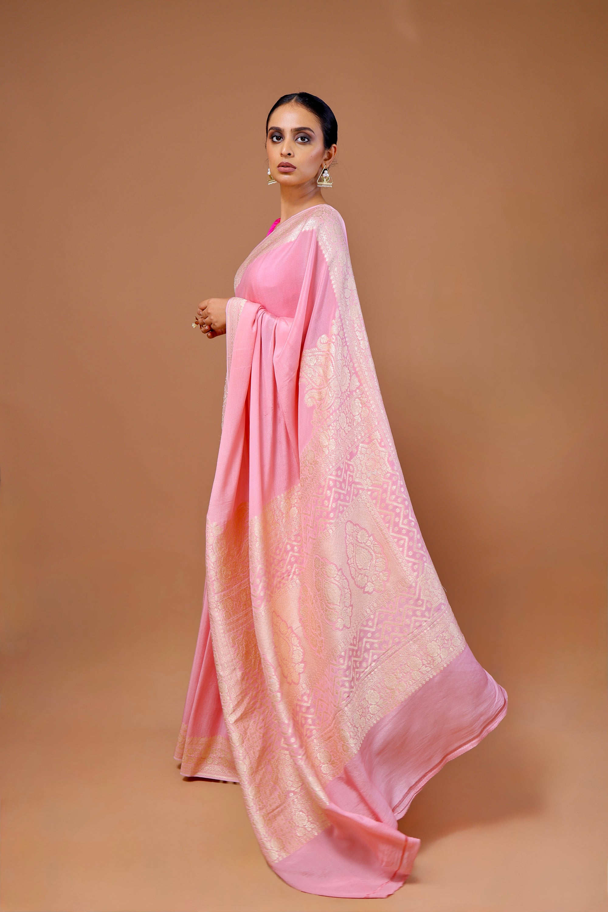 Pre-order Banarasi Powder Pink Handwoven Crepe Georgette Sari