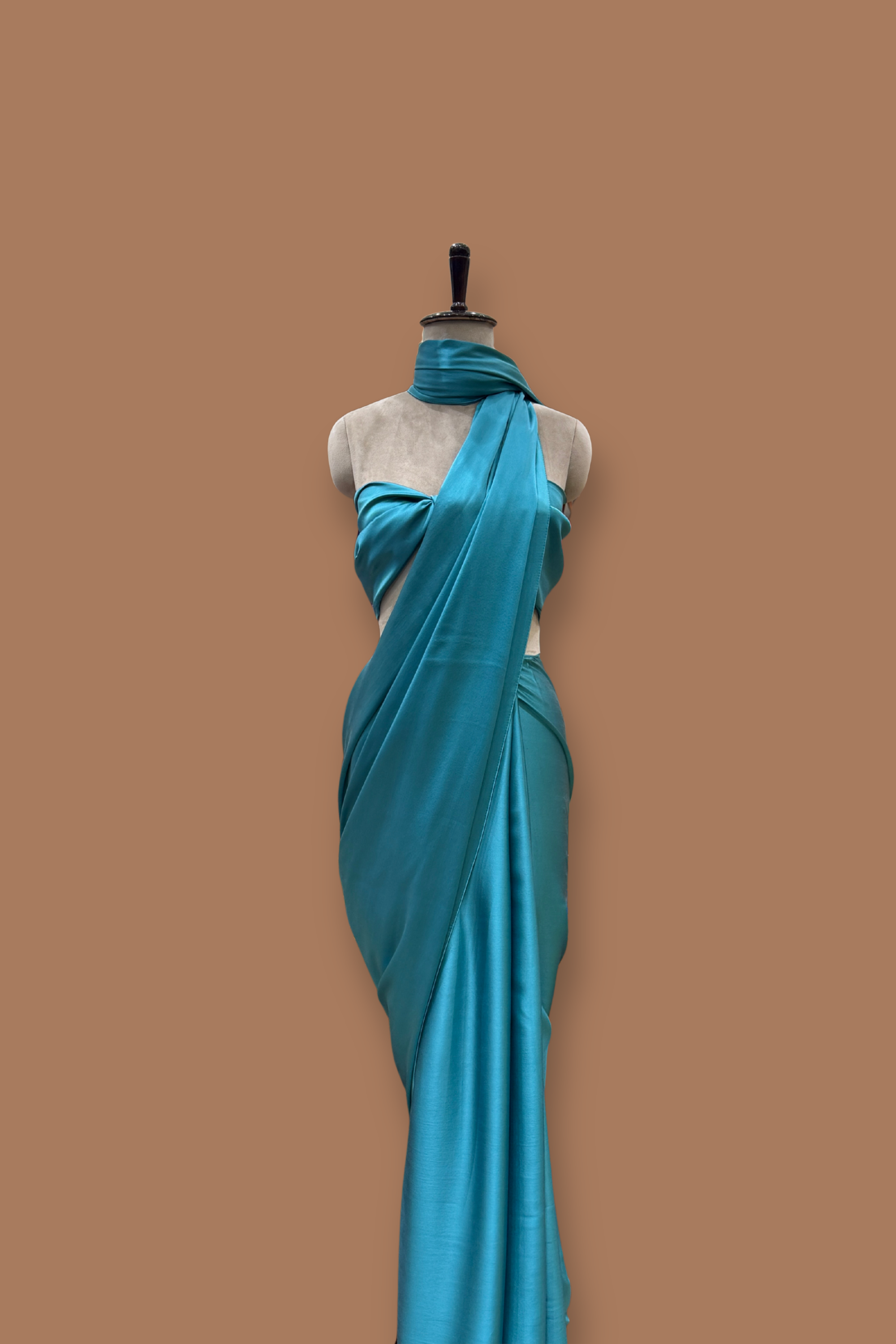 Handwoven Teal Blue Satin silk sari