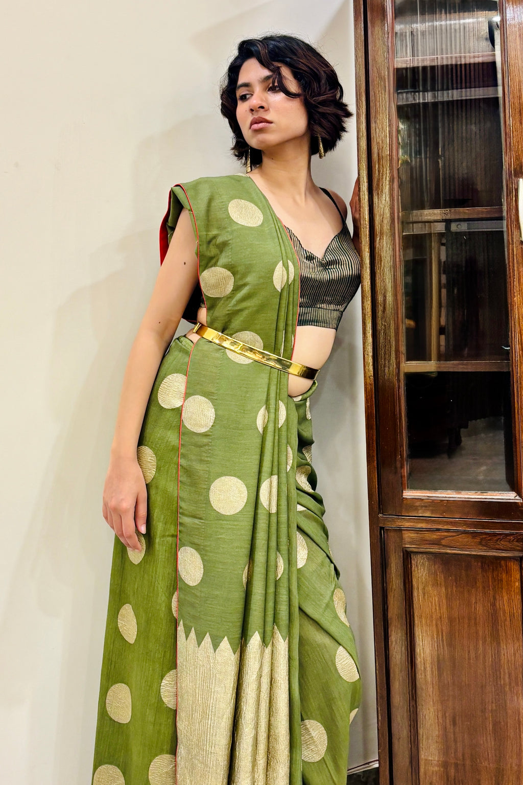 Precisely finished Handwoven muga Georgette sari with polkas