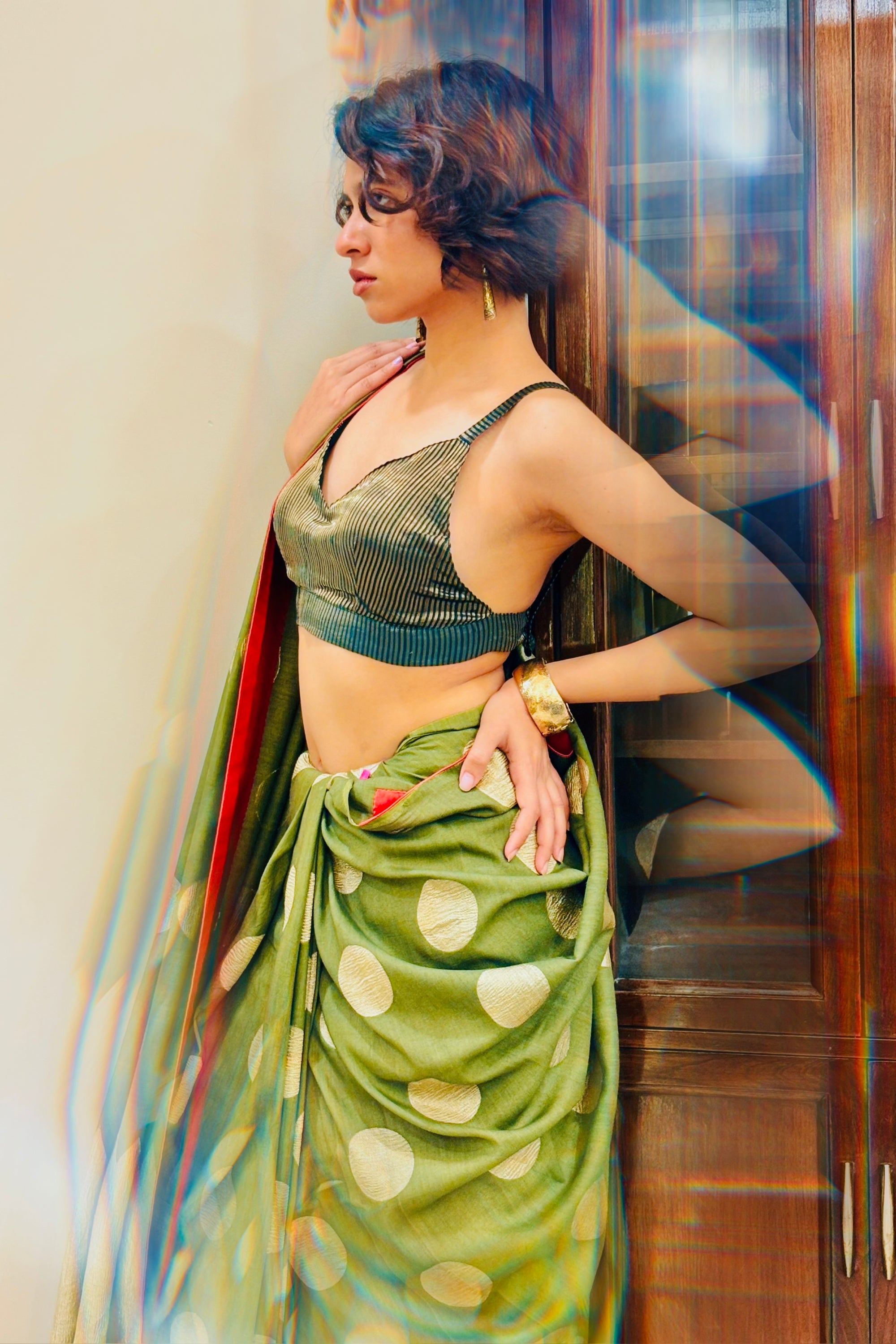 Precisely finished Handwoven muga Georgette sari with polkas
