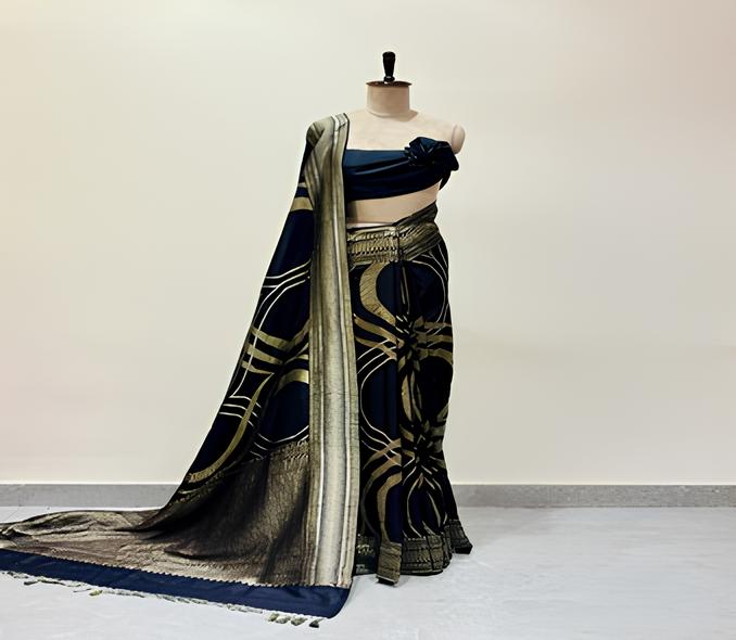 Our signature Black handwoven contemporary Muga Georgette saree