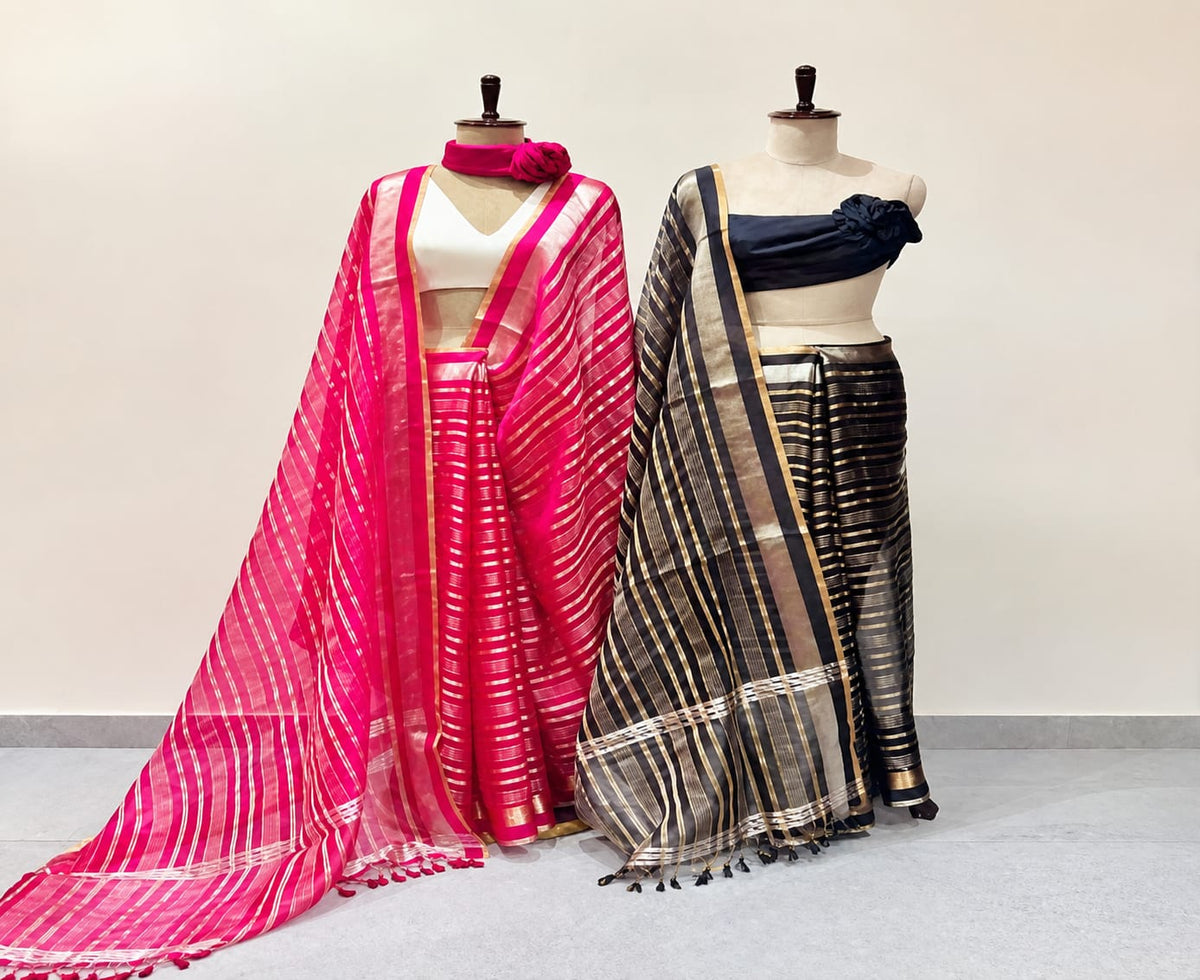 Handwoven Soft Organza Fuchsia Saree with Contemporary Zari Stripes