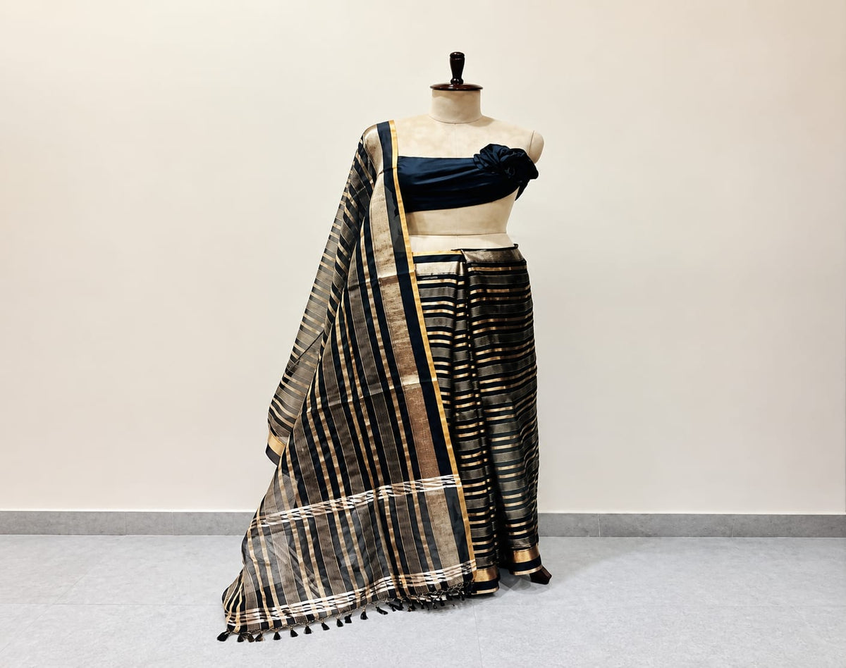 Handwoven Soft Organza Black Saree with Contemporary Zari Stripes