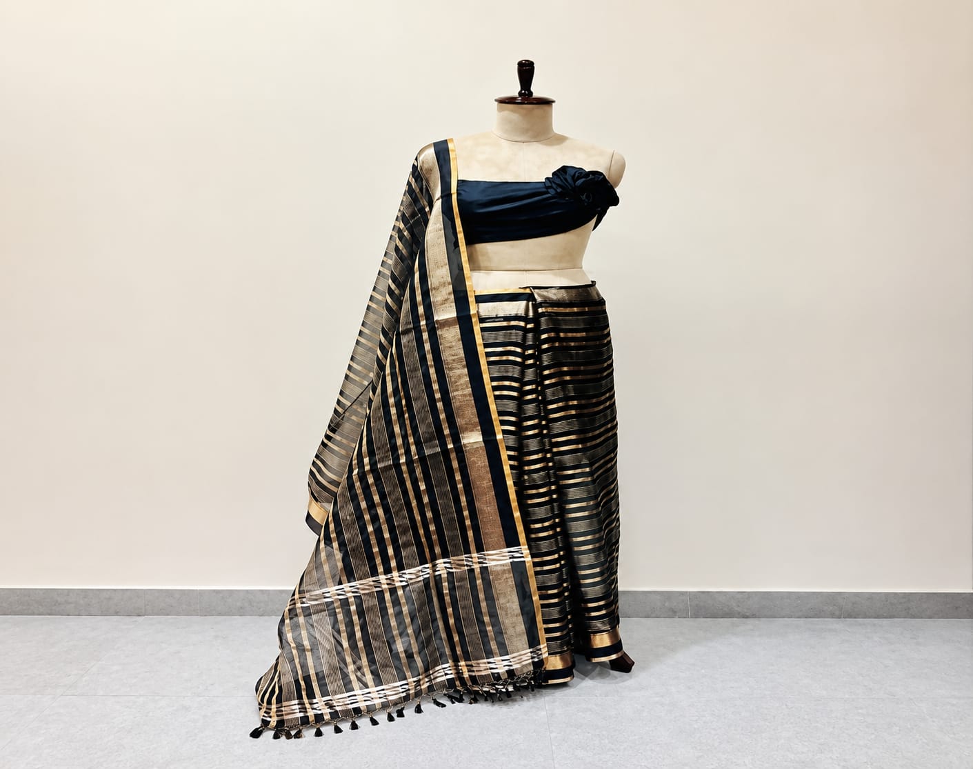 Handwoven Soft Organza Black Saree with Contemporary Zari Stripes