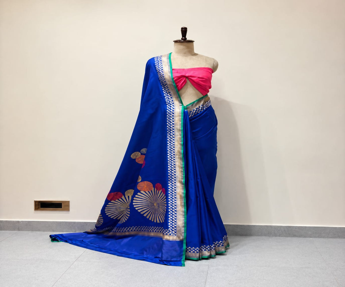 Handwoven Banarasi Soft Katan Silk Saree with Artistic Zari & Resham Circles