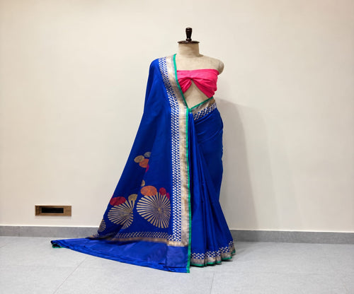 Handwoven Banarasi Soft Katan Silk Saree with Artistic Zari & Resham Circles