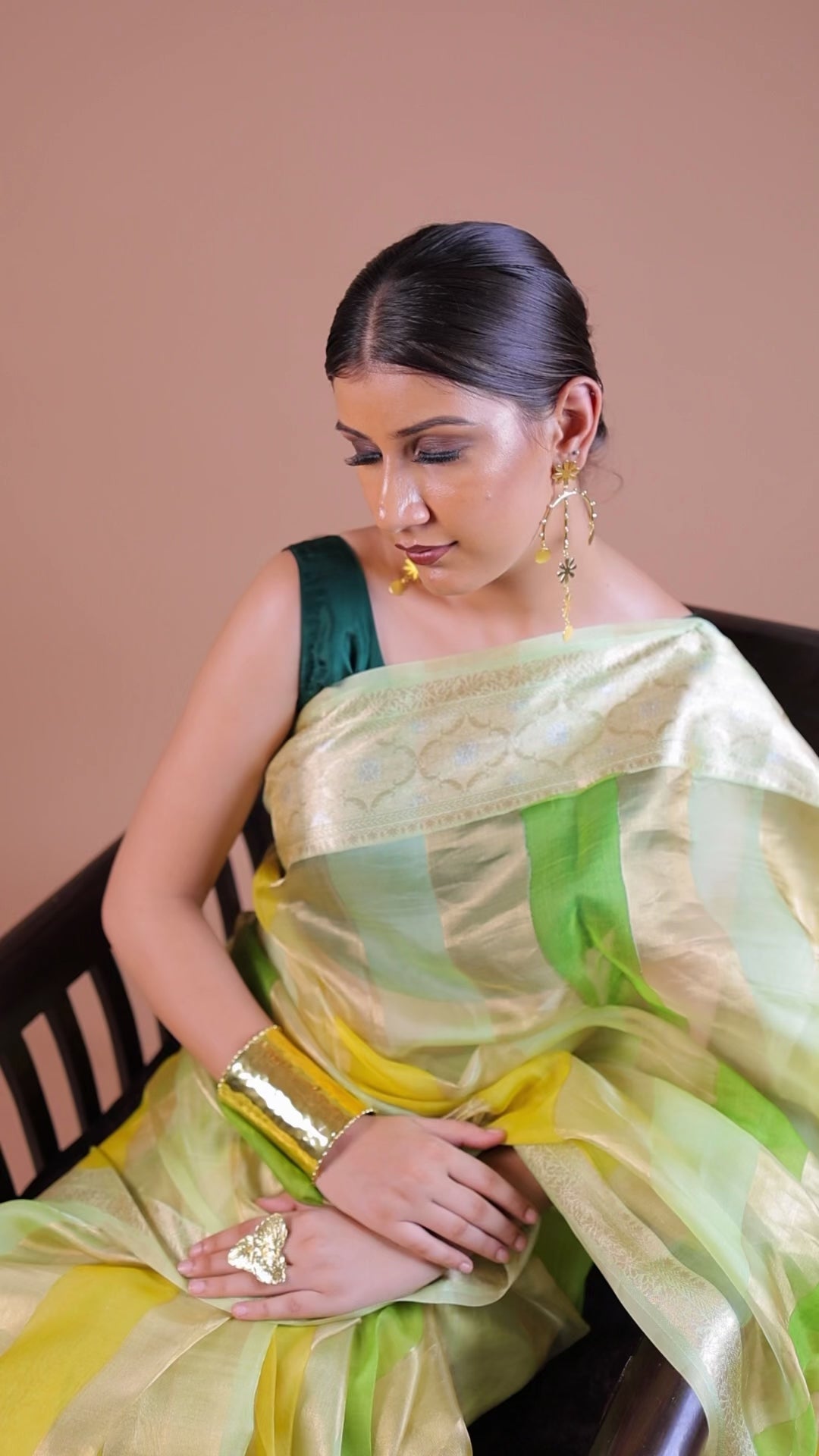 Pre-order Banarasi Green Handwoven Organza Sari With Vertical Stripes