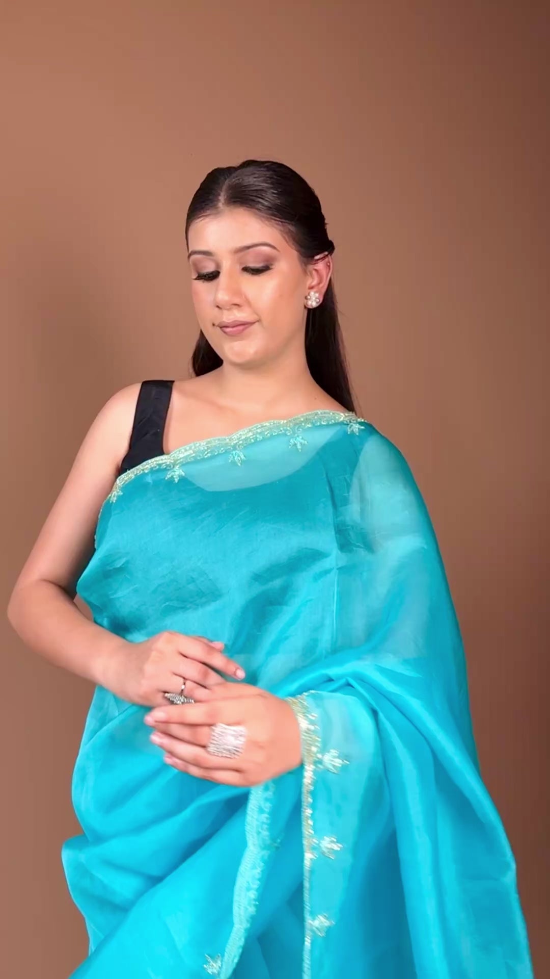 Handwoven Blue Organza Sari with Hand Embroidery
